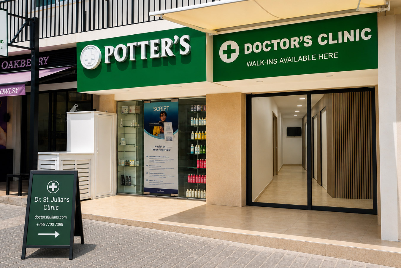 Street level entrance of Doctor St Julian's clinic next to Potter's Pharmacy in St Julian's, Malta