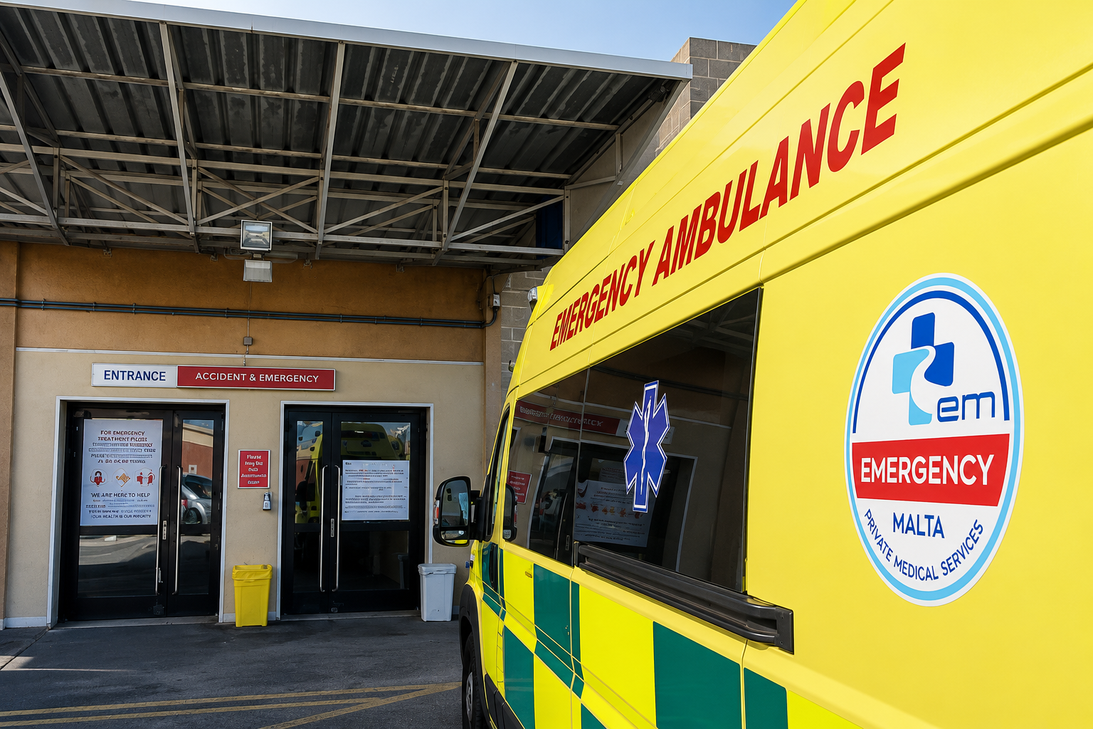 Emergency ambulance parked outside the Accident and Emergency entrance at Mater Dei Hospital in Malta