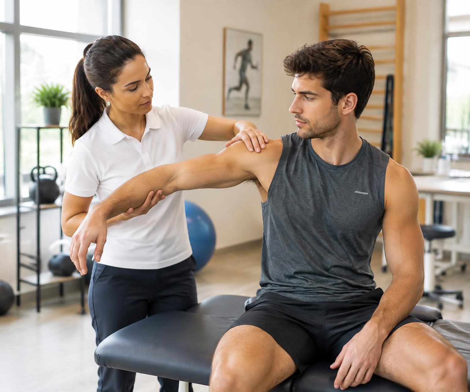 Physiotherapist assessing a patient's shoulder and arm in the clinic